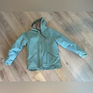 Teal women’s Carhartt Sherpa lined jacket. Size M